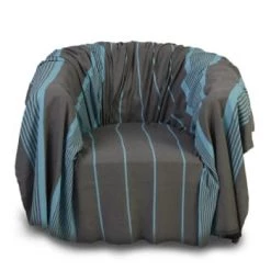 Fouta Futée Housses De Fauteuil Jeté De Fauteuil 100% Coton Blanc Rayures Bleu 200 X 200 -Housses de canapé Soldes carthage jete fauteuil coton anthracite rayures turquoises 200 x 200