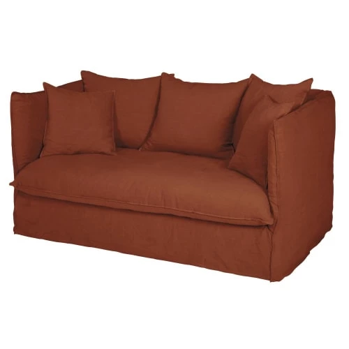 Maisons Du Monde Housses De Canapé Housse De Canapé Convertible 2 Places En Lin Froissé Terracotta 5 Maisons Du Monde Housses De Canapé Housse De Canapé Convertible 2 Places En Lin Froissé Terracotta – Image 3