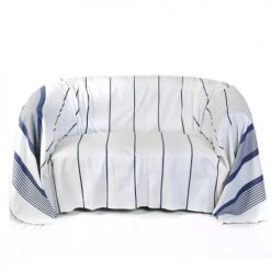 Fouta Futée Housses De Canapé Jeté De Canapé Coton Fond Blanc Rayures Bleu 200 X 300