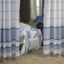 Fouta Futée Housses De Fauteuil Jeté De Fauteuil 100% Coton Blanc Rayures Bleu 200 X 200 -Housses de canapé Soldes jete de fauteuil 100 coton blanc rayures bleu 200 x 200 2
